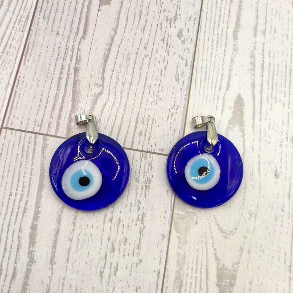 Evil Eye Glass Pendants Set of 2 Blue Nazar Amulet‎ Protection Charm Round